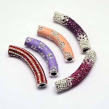 Polymer Clay Pave Rhinestone Beads, with 925 Sterling Silver Cores, Curved Tube Noodle Beads, Mixed Color, 46~51x9~9.25mm, Hole: 4mm