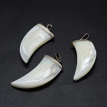 Shell Pendants, with Brass Findings, Scabbard, Platinum, 35~36x15~16x3~5mm, Hole: 2x5mm