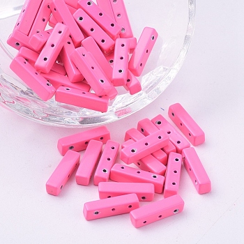 Spray Painted Alloy Multi-Strand Links, For Tile Elastic Bracelets Making, Rectangle, Hot Pink, 16x4x4mm, Hole: 0.8mm