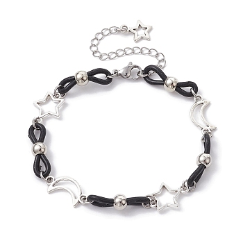 Alloy & Silicone Link Chain Bracelets, Star & Moon Bracelet for Women, Black, 7-3/4~7-7/8 inch(19.7~20cm)