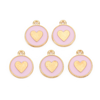 Alloy Enamel Pendants, Cadmium Free & Lead Free, Light Gold, Flat Round with Heart, Pink, 16x13x2mm, Hole: 1.6mm
