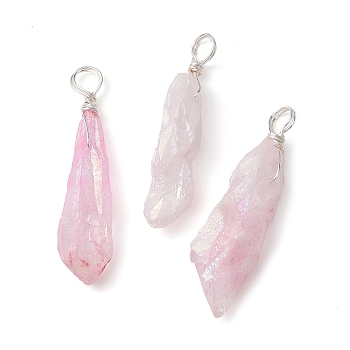 Electroplated Natural Quartz Crystal Dyed Pendants, Teardrop Charms with Silver Color Plated Copper Wire Loops, Pink, 30~38x9.5~15x7~11mm, Hole: 4mm