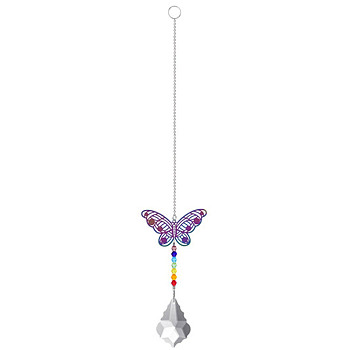 Metal Animal Hanging Ornaments, Teardrop & Rainbow Color Glass Suncatchers for Home Outdoor Decoration, Butterfly, 365x65mm