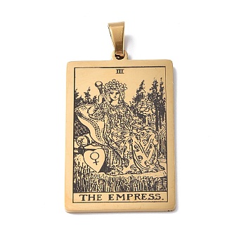 201 Stainless Steel Pendant, Golden, Rectangle with Tarot Pattern, The Empress III, 40x24x1.5mm, Hole: 4x7mm