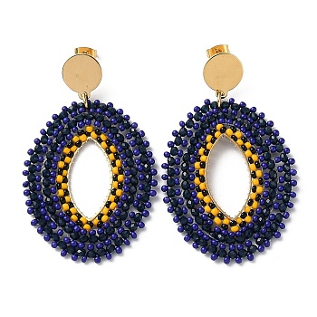 Woven Glass Beaded Oval Dangle Stud Earrings, with Vacuum Plating 304 Stainless Steel Pins, Midnight Blue, 65x40mm
