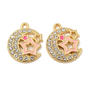Alloy Enamel Pendants, with Rhinestone, Long-Lasting Plated, Moon with Star Charm, Golden, 19.5x16x2mm, Hole: 1.6mm
