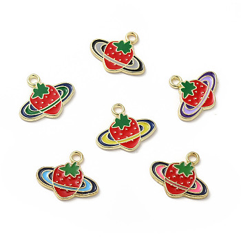 Alloy Enamel Pendants, Strawberry Charms, Golden, Mixed Color, 14.5x17x1.5mm, Hole: 1.8mm