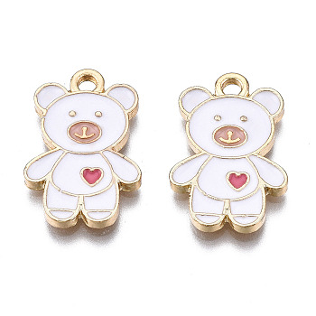 Alloy Pendants, with Enamel, Cadmium Free & Lead Free, Light Gold, Bear with Heart, White, 19.5x13x1.5mm, Hole: 2mm