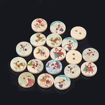 2-Hole Wooden Printed Buttons, Flat Round, Christmas Theme, Mixed Color, 15x4.5mm, Hole: 2mm