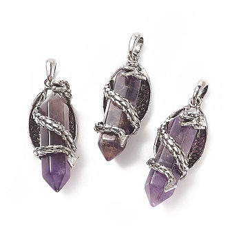 Natural Amethyst Pointed Pendants, Faceted Bullet Charms with Antique Silver Tone Alloy Dragon Wrapped, 47.5x19x18.5mm, Hole: 7.5x6mm