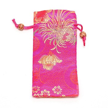 Polyester Pouches, Drawstring Bag, with Wood Beads, Rectangle with Floral Pattern, Hot Pink, 16~17x7.8~8x0.35cm
