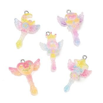 Transparent Resin with Alloy Pendants, Magic Wand Charms, Platinum, Mixed Color, 32.5~36.5x20~27x8~9mm, Hole: 2mm