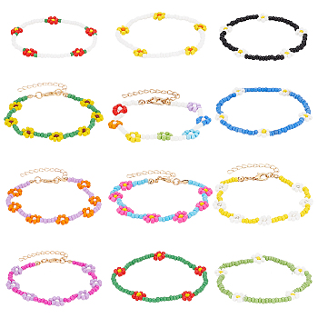 12Pcs 12 Style Glass Seed Braided Flower Stretch Bracelets Set, Beaded Stackable Bracelets for Women, Mixed Color, 7-1/8 inch(18cm), Inner Diameter: 2 inch(5.05cm), 1Pc/style