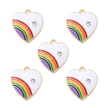 Alloy Enamel Pendant, with Rhinestone, Heart with Rainbow Charm, White, 20x18x3.5mm, Hole: 2mm