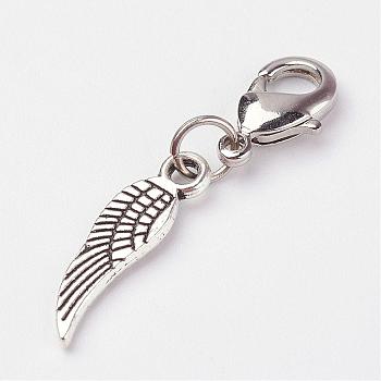 Tibetan Style Alloy Pendants, with Brass Lobster Claw Clasps, Wing, Antique Silver, 33mm