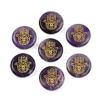 Natural Amethyst Cabochons, Flat Round with Golden Metal Enlaced Hamsa Hand, 24.5~25.5x5~7.5mm(G-N345-06C)