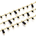 Brass Curb Chains, with Natural Black Agate & Glass, Soldered, with Spool, Long-Lasting Plated, Golden, Soldered, 8~9x2~2.5mm(CHC-N025-01A-G)