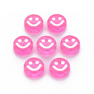 Transparent Acrylic Beads, with Glitter Powder, Flat Round with White Enamel Smile Face, Pearl Pink, 10x5mm, Hole: 2mm, about 1450pcs/500g(MACR-N008-55-D07)