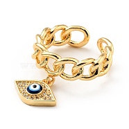 Cubic Zirconia Rhombus with Evil Eye Open Cuff Ring with Enamel, Brass Hollow Ring for Women, Cadmium Free & Lead Free, Real 18K Gold Plated, US Size 7(17.3mm)(KK-D080-06G)