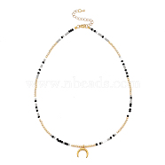 Pendant Necklaces, with Brass Beads, Frosted Glass Beads, 304 Stainless Steel Pendant & Lobster Claw Clasps, Moon, Golden, 17.91 inch(45.5cm)(NJEW-JN03073-03)
