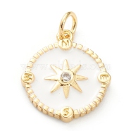 Brass Micro Pave Cubic Zirconia Pendants, with Enamel, Long-Lasting Plated, Real 18K Gold Plated, Flat Round with Sun, White, 17x15x2mm, Hole: 3.5mm(ZIRC-P200-14C-G)
