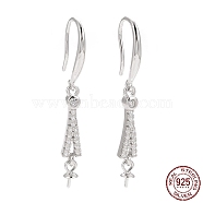 Rhodium Plated 925 Sterling Silver Earring Hooks, with Clear Cubic Zirconia, for Half Drilled Beads, Platinum, 35mm, 21 Gauge, Pin: 0.7mm and 0.6mm, Tray: 6x3mm(STER-D035-31P)