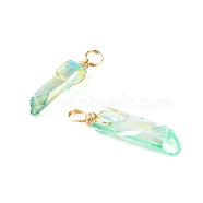 Electroplated Natural Quartz Pendants, with Real 18K Gold Plated Eco-Friendly Copper Wire, Chip, Light Green, 17~44x3.5~8x3~4mm, Hole: 2~4mm(PALLOY-JF00846-02)