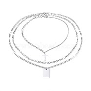 304 Stainless Steel Pendant Necklaces Sets, with 201 Stainless Steel Pendants, Cable Chains, Curb Chains and Lobster Claw Clasps, Rectangle and Cross, Stainless Steel Color, 17.1~25.9 inch(43.5~66cm), 4mm, 3pcs/set(NJEW-JN02525)