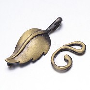 Brass Leaf Hook Clasps, For Leather Cord Bracelets Making, Brushed Antique Bronze, Leaf: 33x13x3mm, Hook: 17x10x2mm, Hole: 1mm and 3x3mm(KK-E739-17AB-NF)