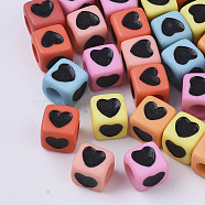 Opaque Acrylic Beads, Cube with Black Heart, Mixed Color, 7x7x7mm, Hole: 4mm, about 200pcs/50g(X-SACR-T349-004)