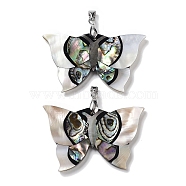 Natural Paua Shell & Black Lip Shell & White Shell Pendants, Butterfly Charms with Stainless Steel Color Tone Stainless Steel Snap on Bails, 32.5x54.5x3.5~4mm, Hole: 6.2x4.3mm(FIND-A041-02H-P)