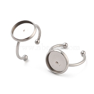 Tarnish Resistant 304 Stainless Steel Open Cuff Ring Components, with 201 Stainless Steel Flat Round Pad Rings Settings, Stainless Steel Color, Adjustable, Tray: 8mm(STAS-B072-09A-P)