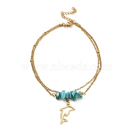 Dyed Natural Shell Chips Charms Anklet, Golden 304 Stainless Steel Chains Double Layer Anklet, Dolphin, 8-7/8 inch(22.5cm)(AJEW-G049-01G-04)