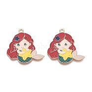 Alloy Enamel Pendants, Lead Free & Cadmium Free, Mermaid Charm, Golden, Indian Red, 32x31x1mm, Hole: 2mm(ENAM-T020-68)