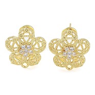 Flower Brass Micro Pave Cubic Zirconia Stud Earrings Finding, with Horizontal Loops, Cadmium Free & Lead Free, Real 18K Gold Plated, 16x15mm, Hole: 1.5mm, Pin: 0.8mm(KK-E083-21G)