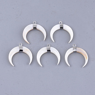 Freshwater Shell Pendants, with Brass Findings, Double Horn/Crescent Moon, Platinum, 25~26x25x4mm, Hole: 1.8mm(SHEL-T012-58P)