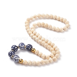 Natural Wood  & Porcelain & Synthetic Hematite Round Beaded Necklace for Women, Old Lace, 22.83 inch(58cm)(NJEW-JN03874)