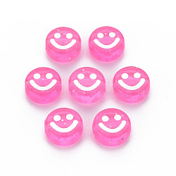 Transparent Acrylic Beads, with Glitter Powder, Flat Round with White Enamel Smile Face, Pearl Pink, 10x5mm, Hole: 2mm, about 1450pcs/500g(MACR-N008-55-D07)