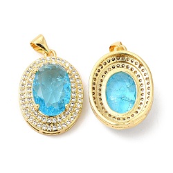 Real 16K Gold Plated Brass Micro Pave Cubic Zirconia Pendants, with Glass, Oval Charms, Sky Blue, 23x17x8mm, Hole: 5x3.5mm(ZIRC-L103-061G-03)