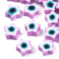 Handmade Polymer Clay Beads, Star with Evil Eye, Violet, 9x9x3.5~4.5mm, Hole: 1.4mm(CLAY-T019-09F)