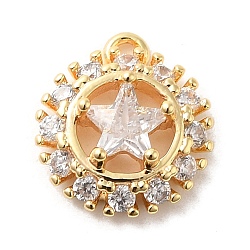 Brass Micro Pave Clear Cubic Zirconia Pendants, Flat Round with Star, Golden, 10x9x3.5mm, Hole: 0.8mm(KK-M274-04G)