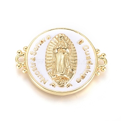 Brass Links connectors, with Enamel, Long-Lasting Plated, Flat Round with Virgin Mary, Golden, White, 21x26x4mm, Hole: 1.6mm(KK-I657-29B)