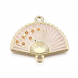Alloy Links, with Enamel, Folding Fan with Plum Blossom, Light Gold, Pink, 20x23.5x2mm, Hole: 1.5mm(ENAM-I043-09A)