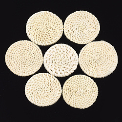 Handmade Reed Cane/Rattan Woven Beads, For Making Straw Earrings and Necklaces, No Hole/Undrilled, Bleach, Flat Round, Beige, 59~66x6~7mm(X-WOVE-T006-032B)