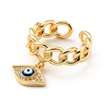 Cubic Zirconia Rhombus with Evil Eye Open Cuff Ring with Enamel, Brass Hollow Ring for Women, Cadmium Free & Lead Free, Real 18K Gold Plated, US Size 7(17.3mm)