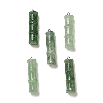 Natural Green Strawberry Quartz Pendants, Bamboo Stick Charms, with Stainless Steel Color Tone 304 Stainless Steel Loops, 45x12.5mm, Hole: 2mm