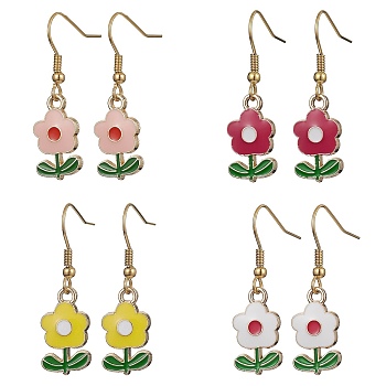 Flower Zinc Alloy Enamel Dangle Earrings, with Ion Plating(IP) 304 Stainless Steel Earring Hooks, for Women, Mixed Color, 35x11mm