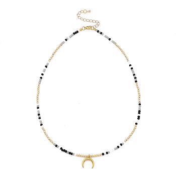Pendant Necklaces, with Brass Beads, Frosted Glass Beads, 304 Stainless Steel Pendant & Lobster Claw Clasps, Moon, Golden, 17.91 inch(45.5cm)