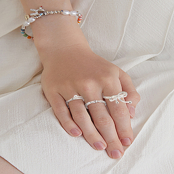 1Box Alloy Rings Sets for Women, with Imitation Pearls, Silver, Inner Diameter: 15.5~17mm, 1pc/style