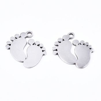 201 Stainless Steel Charms, Laser Cut, Baby Feet, Stainless Steel Color, 13x12.5x1mm, Hole: 1.4mm